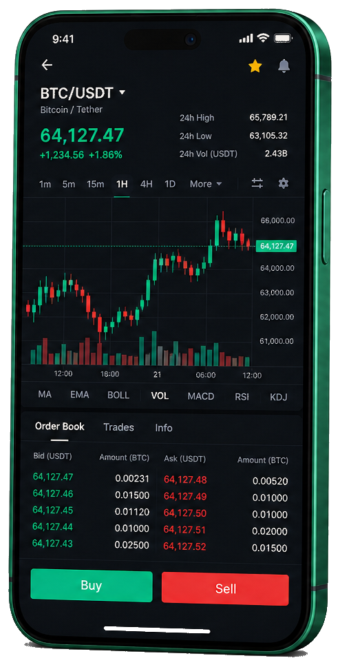 Stream Celexa Opt trading platform on mobile — live BTC/USDT chart, order book, and buy/sell interface